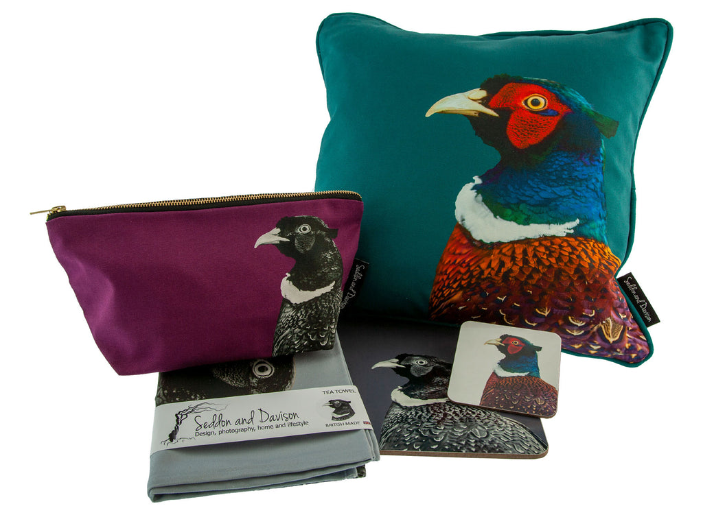 pheasant cushion, pheasant wash bag, pheasant tea towel, pheasant placemat and coaster