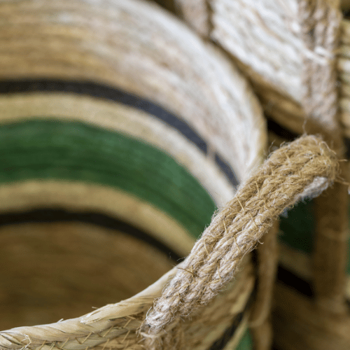 Close Up of Straw and Corn Baskets with Green Stripe