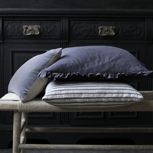 Olivia Ruffle Large Square Linen Cushion - Aegean Blue