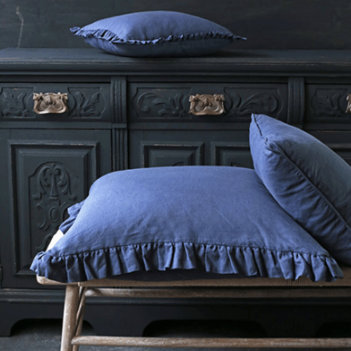 Olivia Ruffle Linen Cushion - Aegean Blue