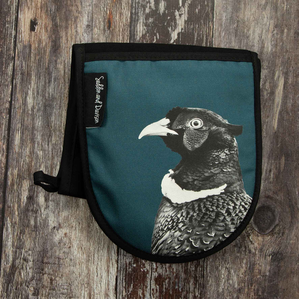 Pheasant Oven Gloves - Black and White - Teal Green