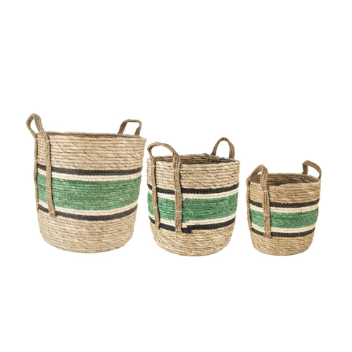 Set of Three Baskets - Green Stripe