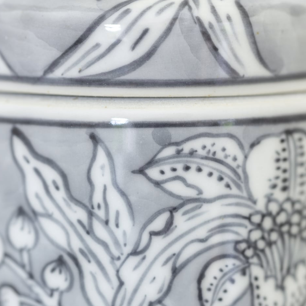 Close Up of Morwenna Ginger Jar - Grey and White Floral