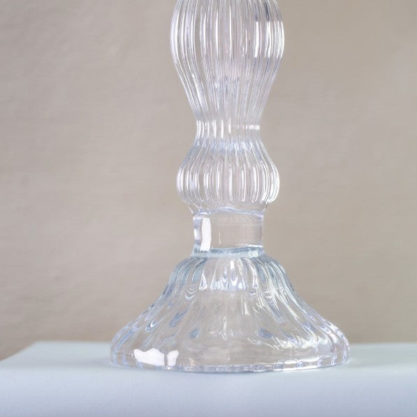 close up of clear glass candlestick