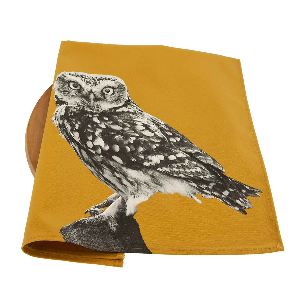 Little Owl Standing Tea Towel - Ochre