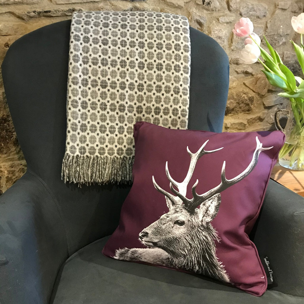 Stag Cushion Mullberry and Grey Milan Throw