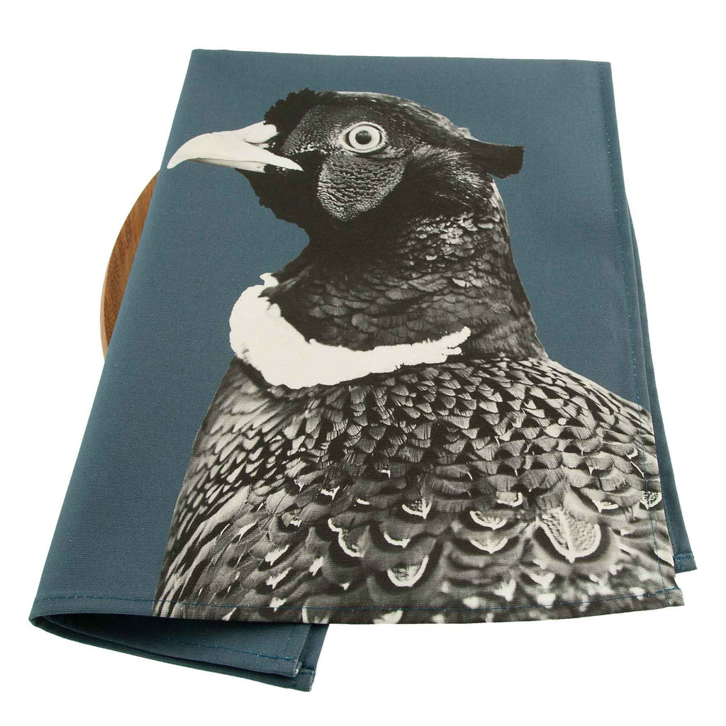 Pheasant Tea Towel (Black and White) - Steel Blue