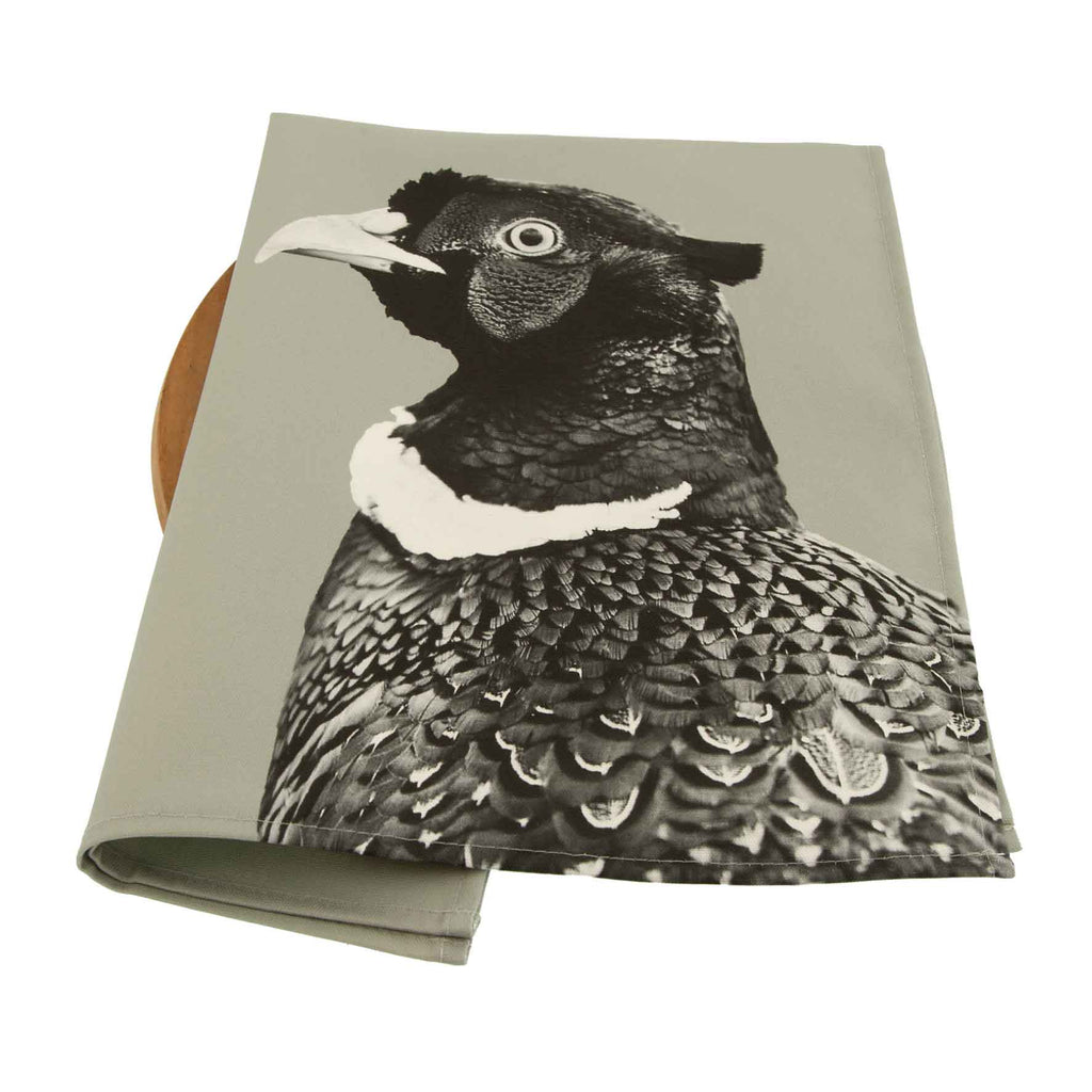 Pheasant tea towel - sage grey