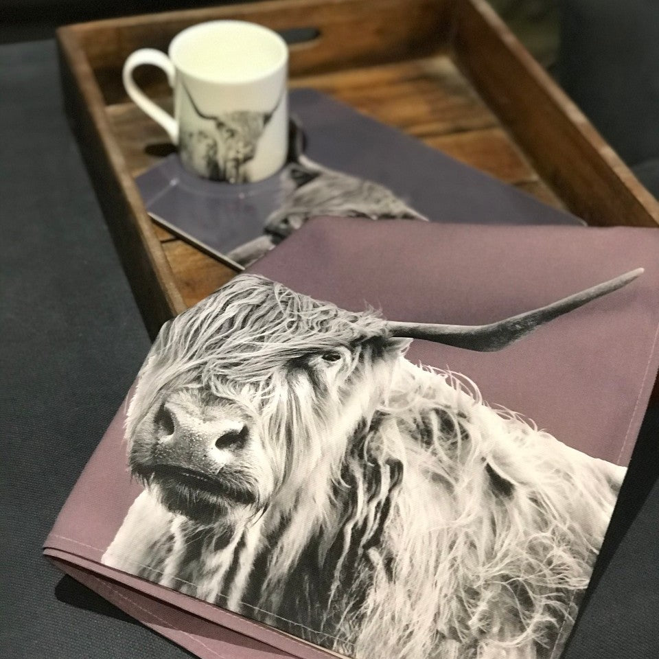 Dusky Pink Highland Cow Tea Towel - lifestyle