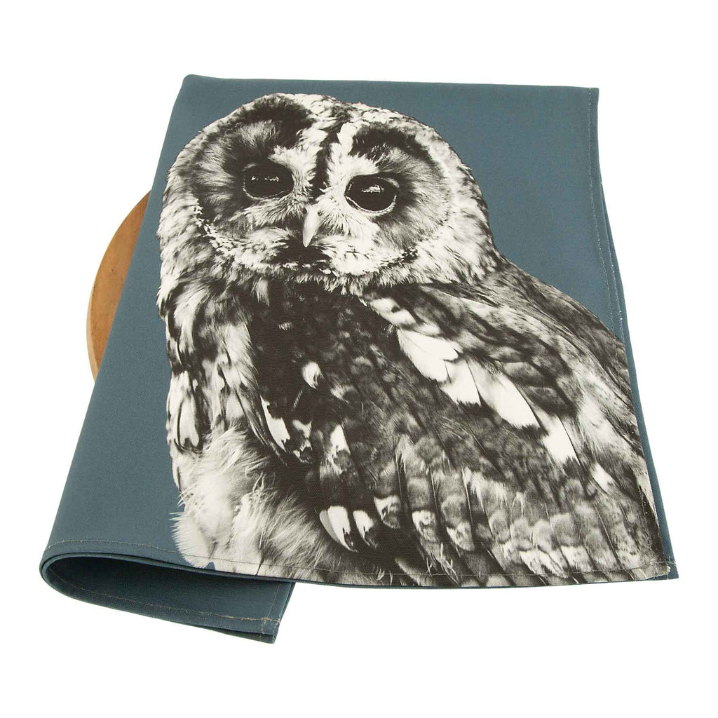 Tawny Owl Tea Towel - Steel Blue