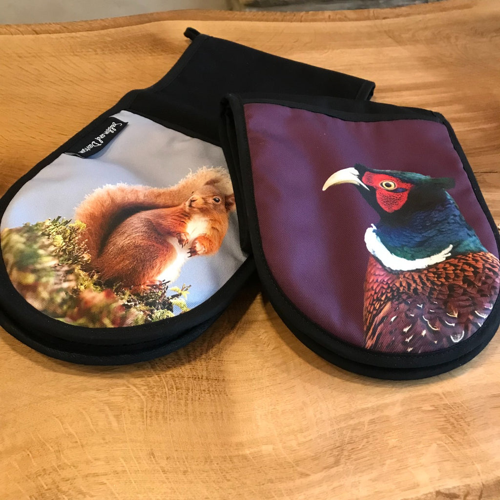 Double Oven Gloves - British Made - Pheasant and Squirrel Designs