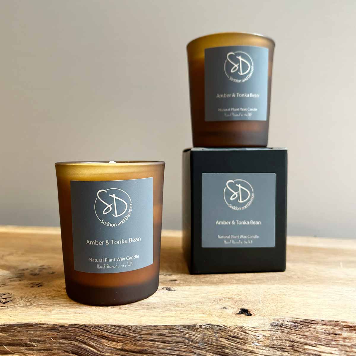 Amber and Tonka Bean 9cl Votive Candle - Frosted Amber Glass Jar