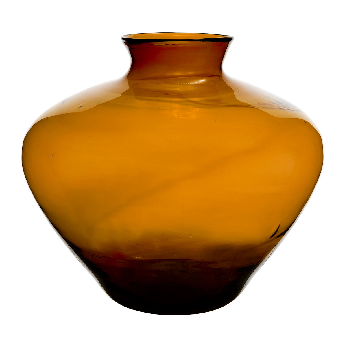 Large amber glass vase with a wide, rounded shape, rich amber hue, and natural bubbles and irregularities from mouth-blown recycled glass.