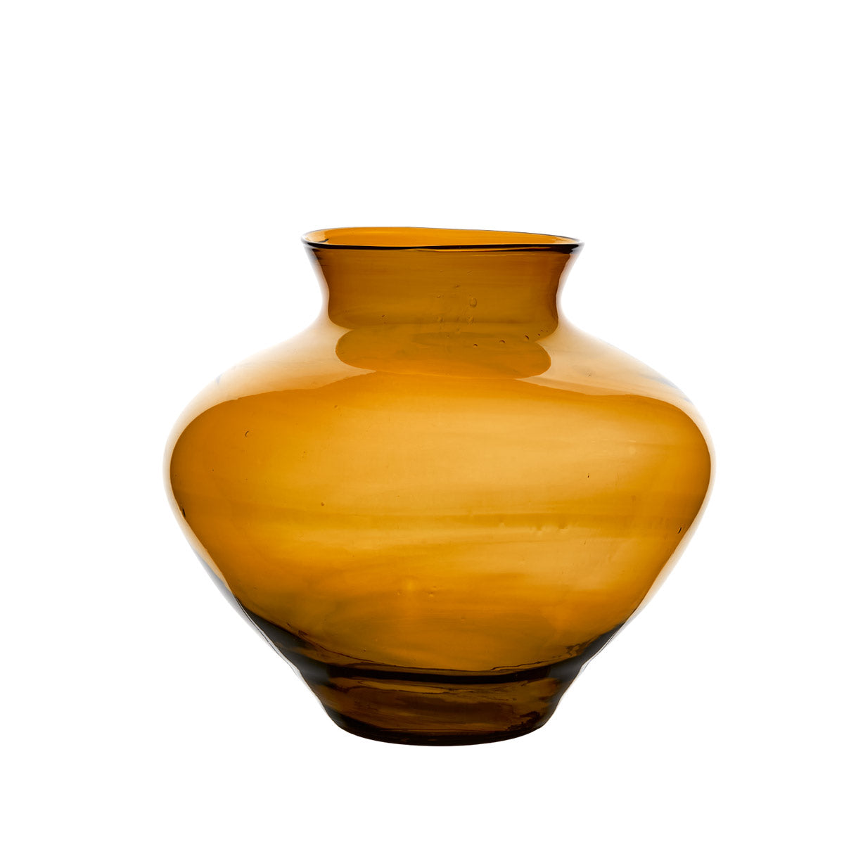 Small amber glass vase with a soft, rounded shape, mouth-blown from recycled glass, featuring natural bubbles and a warm amber colour.