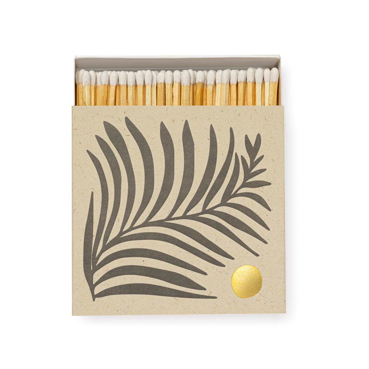 Archivist White Fern Matchbox featuring a minimalist black fern design with gold detail, containing 100 long matches, perfect for home decor and gifting.