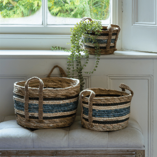 Blue Striped Straw and Corn Baskets