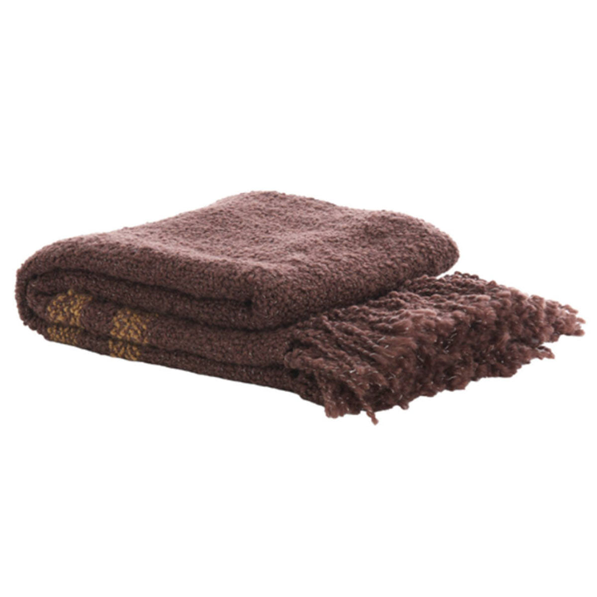 Braza Throw in dark brown with ochre accents, featuring soft woven fabric and fringed edges, folded neatly.