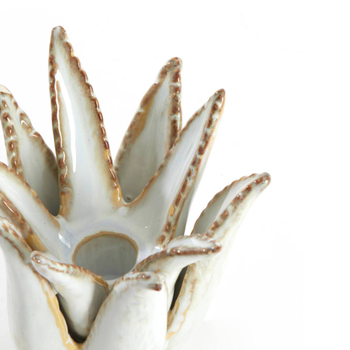 Cactus Ceramic Candlestick - Cream - close up of leaves and space for candle.