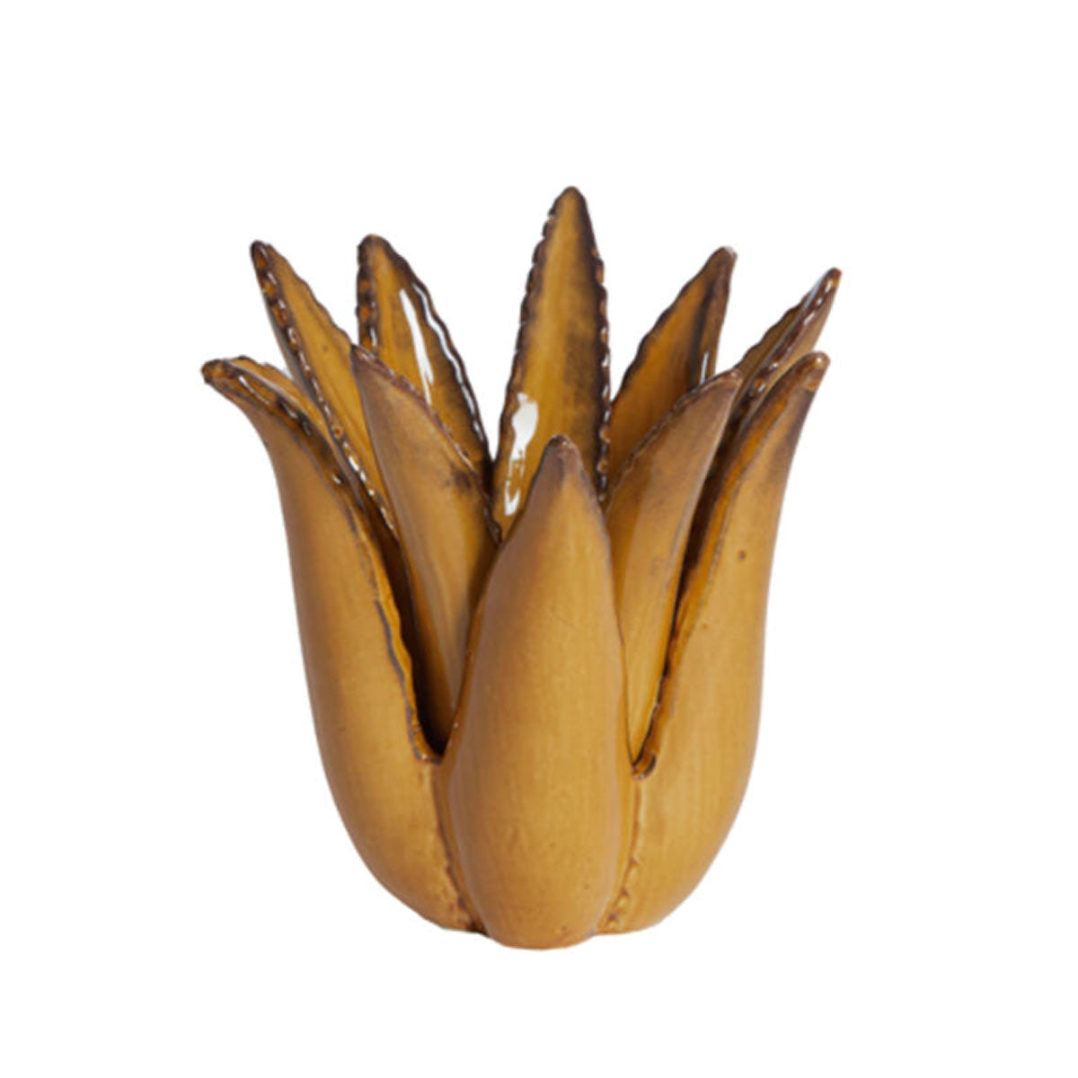 Cactus Ceramic Tealight Holder – Ochre with sculptural leaf design.