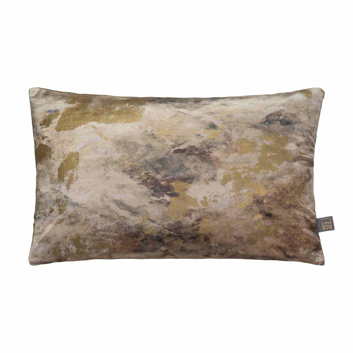 Caesium Gold and Green Oblong Cushion – luxury velvet cushion with an abstract metallic gold design and deep green reverse.