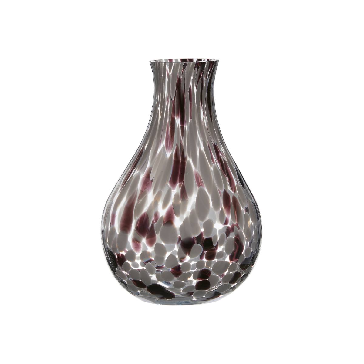 Aubergine and white spotted glass vase with a curvy silhouette, showcasing its unique pattern and glossy finish against a clearbackground.