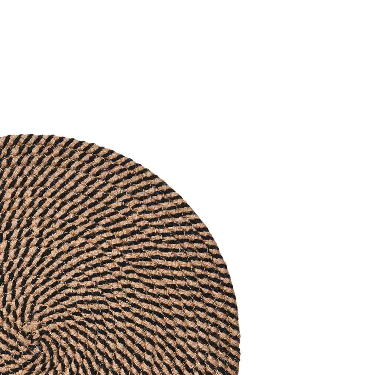 Close-up of Elina Placemat showcasing durable jute and cotton blend with black spiral pattern