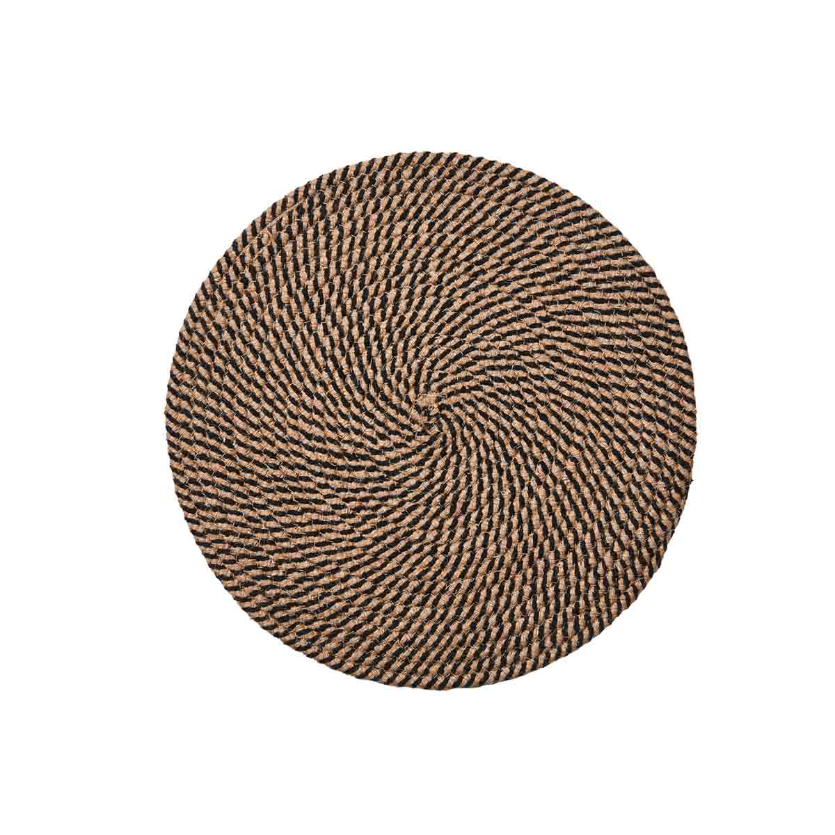 Elina Placemat showcasing durable jute and cotton blend with black spiral pattern