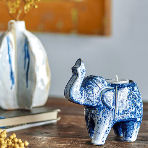 Elephant Ceramic Blue Tea Light Holder