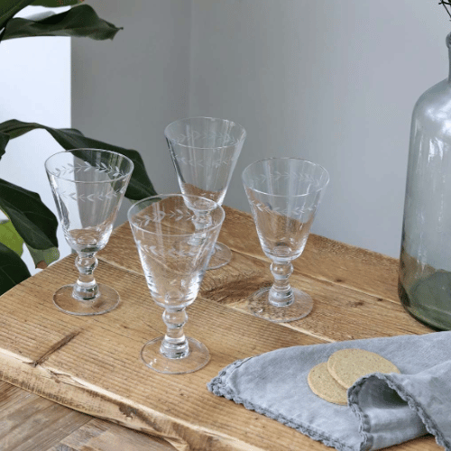 Goblet Clear Wine Glass - Circle Leaf Etched Design