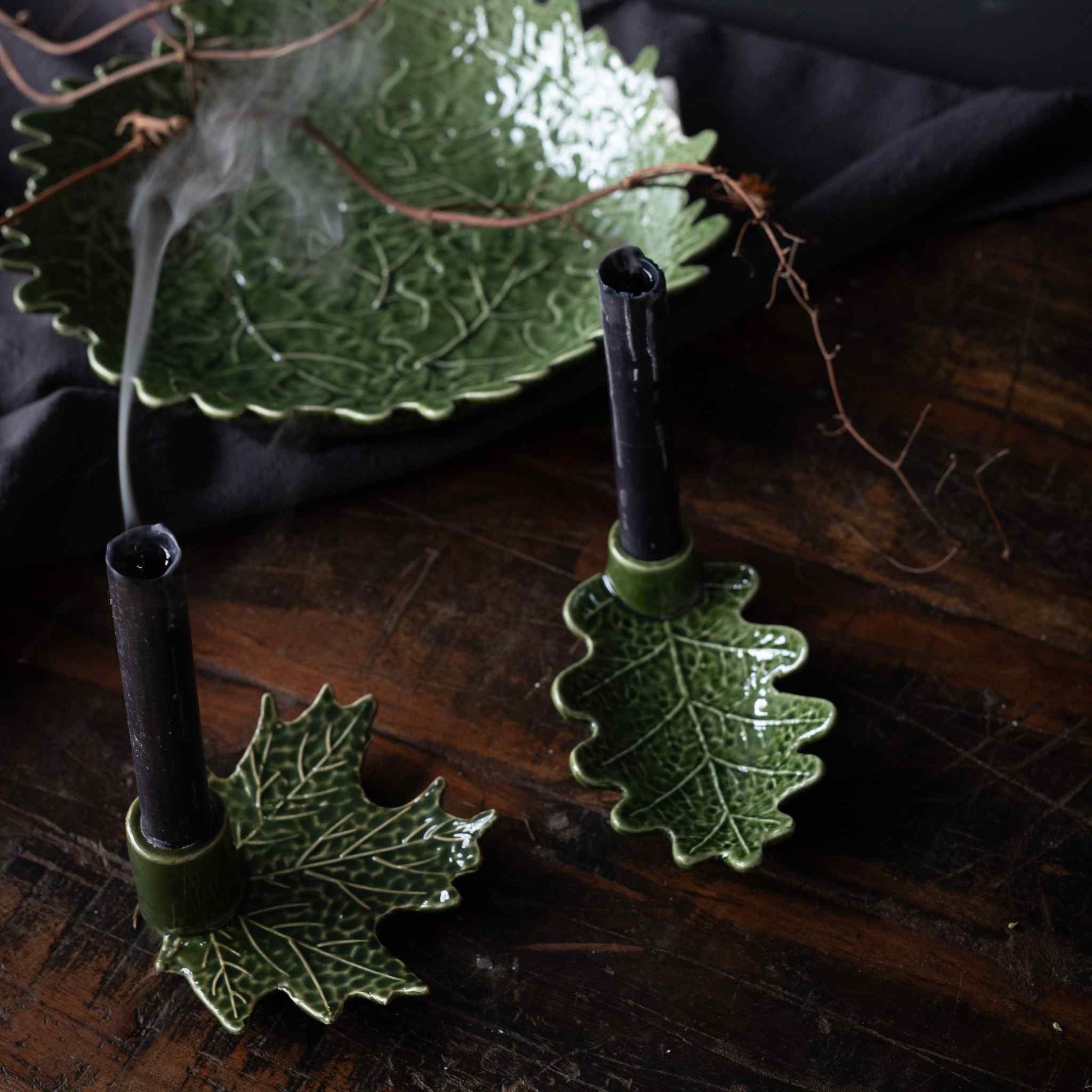 Green Oak and Maple Leaf Candleholders