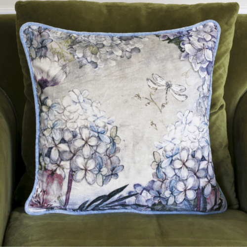 Hydrangeas and Dragonflies - Velvet Cushion