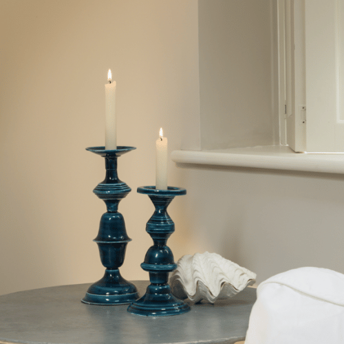 Inigo and Pizan Enamel Candlestick in Prussian Blue