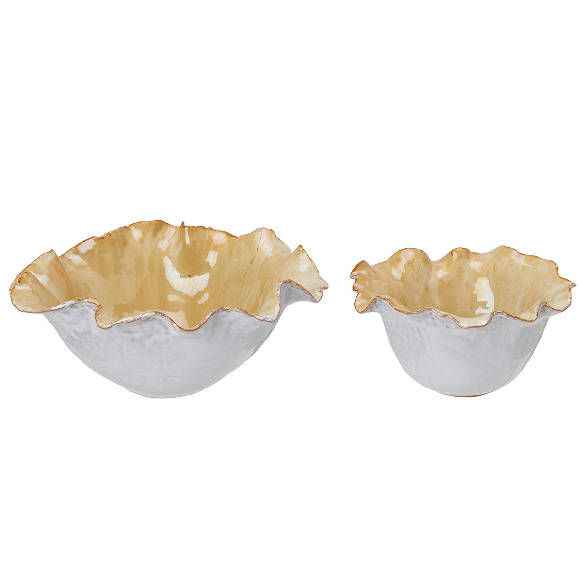 Juliette Petal-Edged Porcelain Bowls in yellow and white, available individually in two sizes: large (23x11 cm) and small (17x17 cm) with a delicate petal-shaped edge.