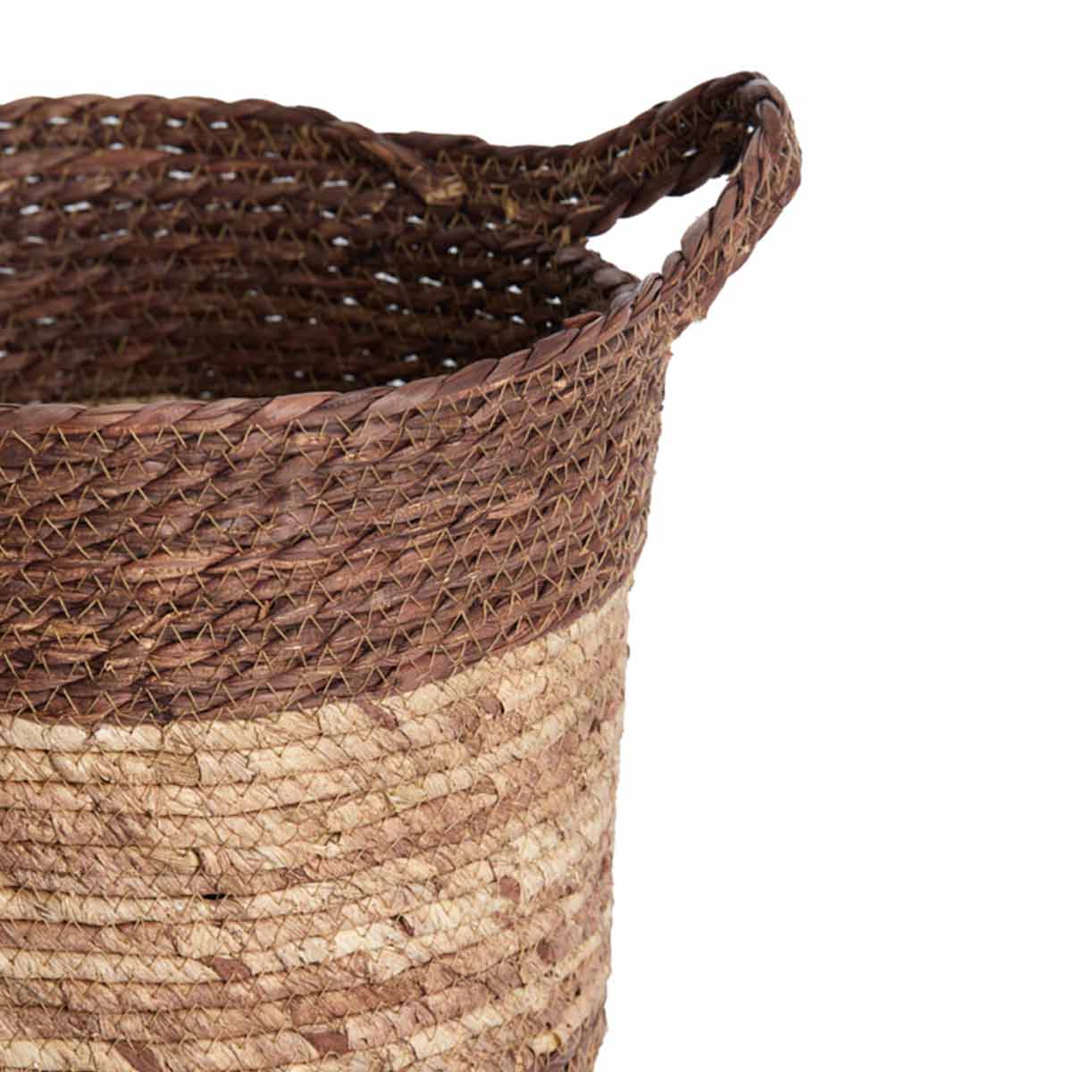 Kilkee Woven Basket – Brown and Terracotta - Close up of handle and basket texture.