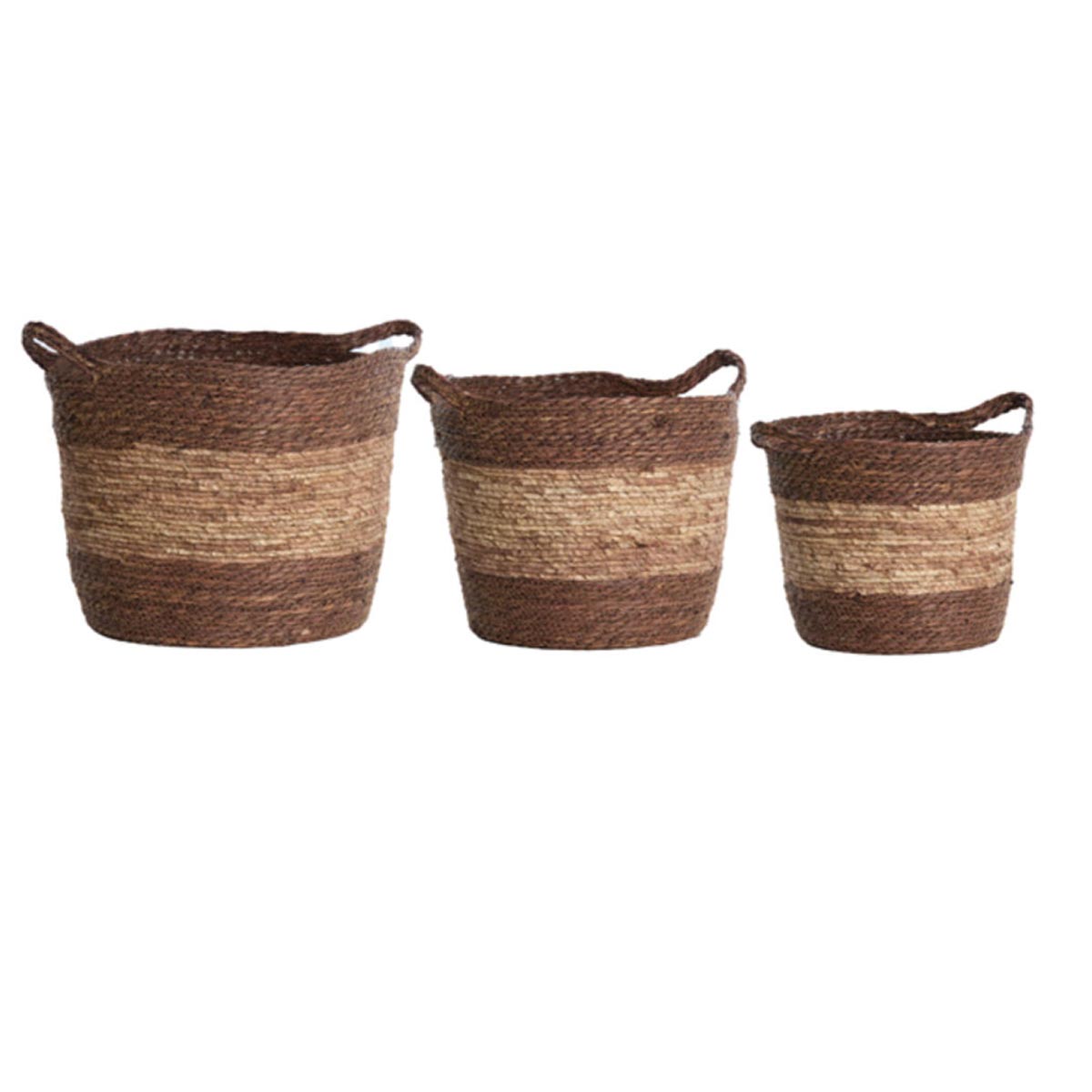 Kilkee Woven Baskets in brown and terracotta, handcrafted from natural corn with curved handles, available in three sizes.