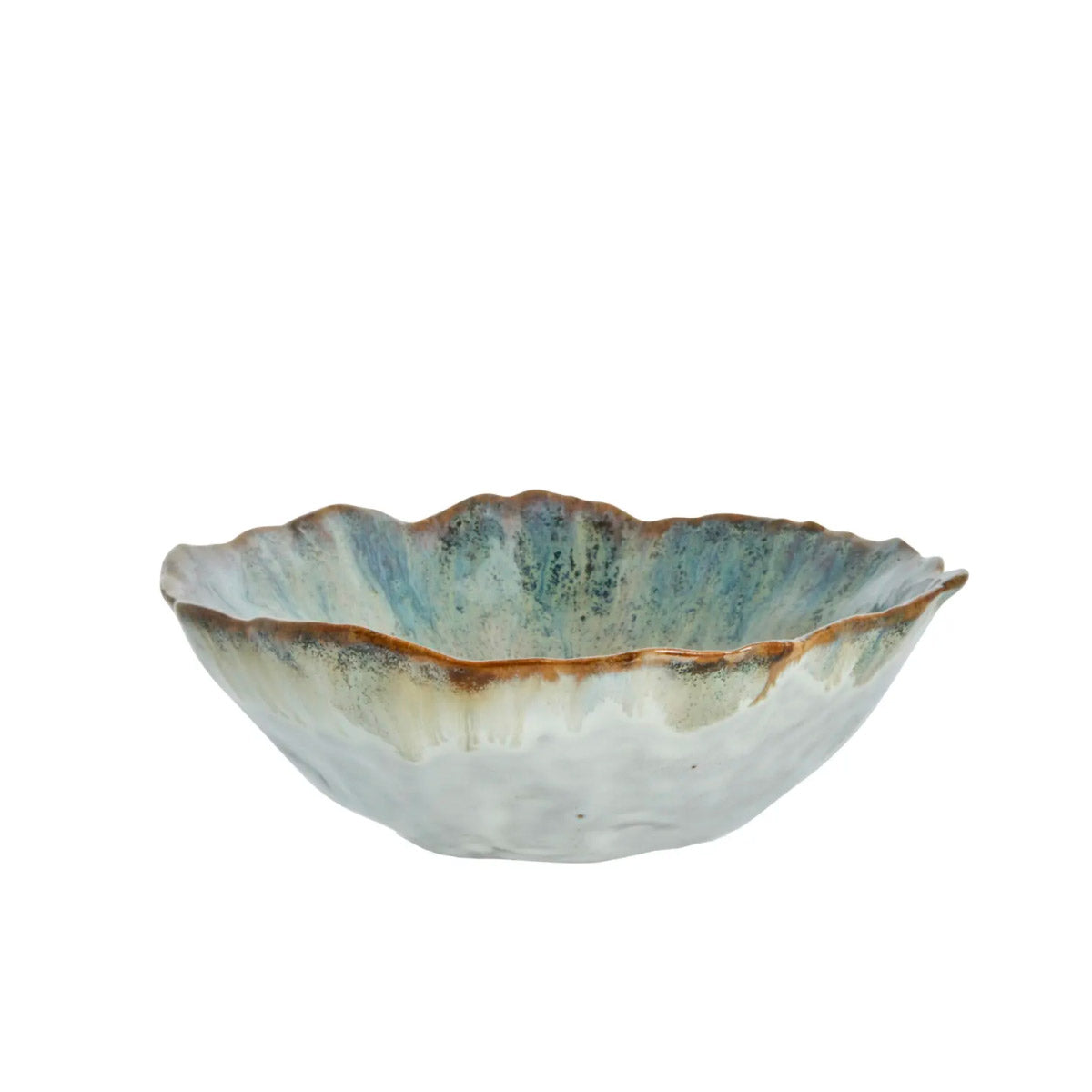 Milla Reactive Glaze Bowl in green – handcrafted ceramic bowl with a reactive glaze, featuring natural green and brown tones with an organic wavy edge. 17 cm diameter.