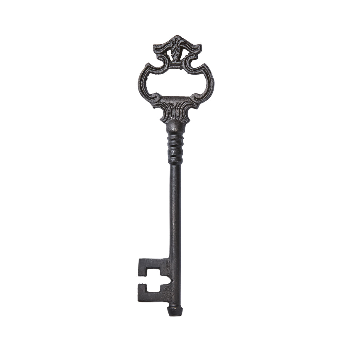 Ornate black metal bottle opener in a vintage key shape, crafted from iron.