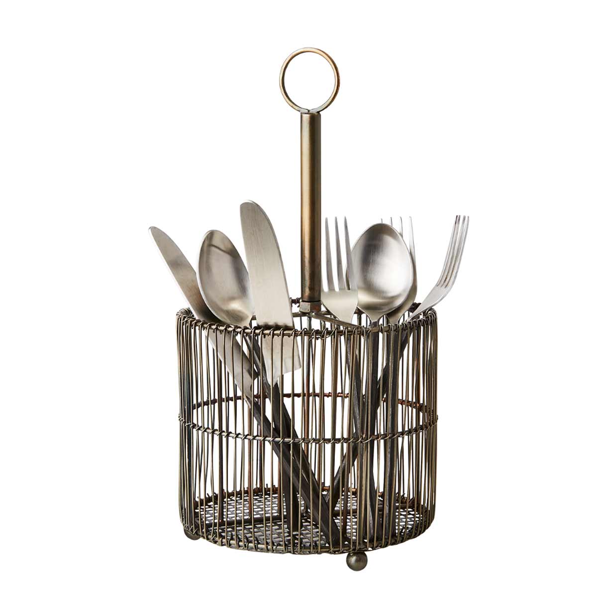 Odin Metal Cutlery Stand  - Brass Colour - Stylish metal cutlery organiser with vintage brass finish for kitchen and table use. Displayed with cutlery.