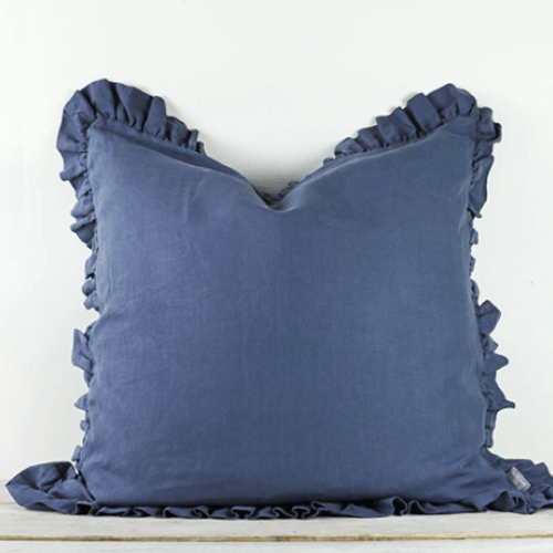 Olivia Linen Ruffle Cushion - Large - Aegean Blue