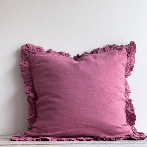 Olivia Ruffle Linen Cushion - Pomegranate