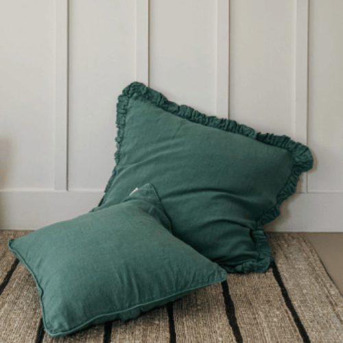 Olivia Ruffle Linen Cushion in Sea Green