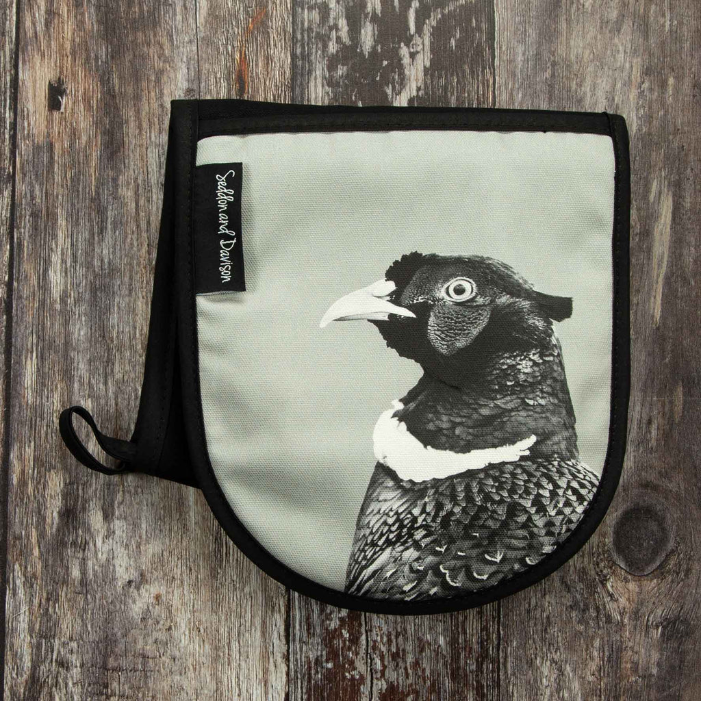 Pheasant Oven Gloves - Black and White - Sage Grey