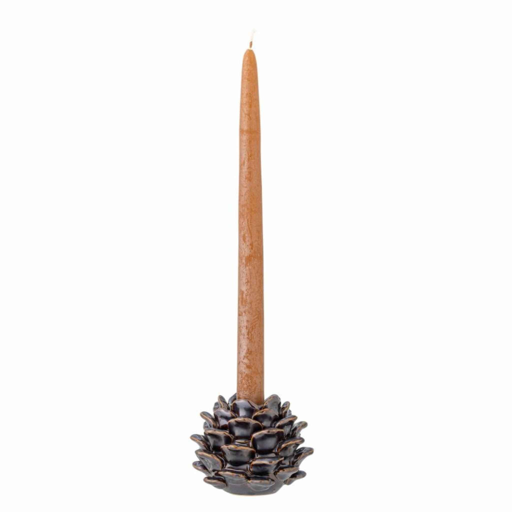 Pine Cone Holder - Brown Stoneware - Small With Candle