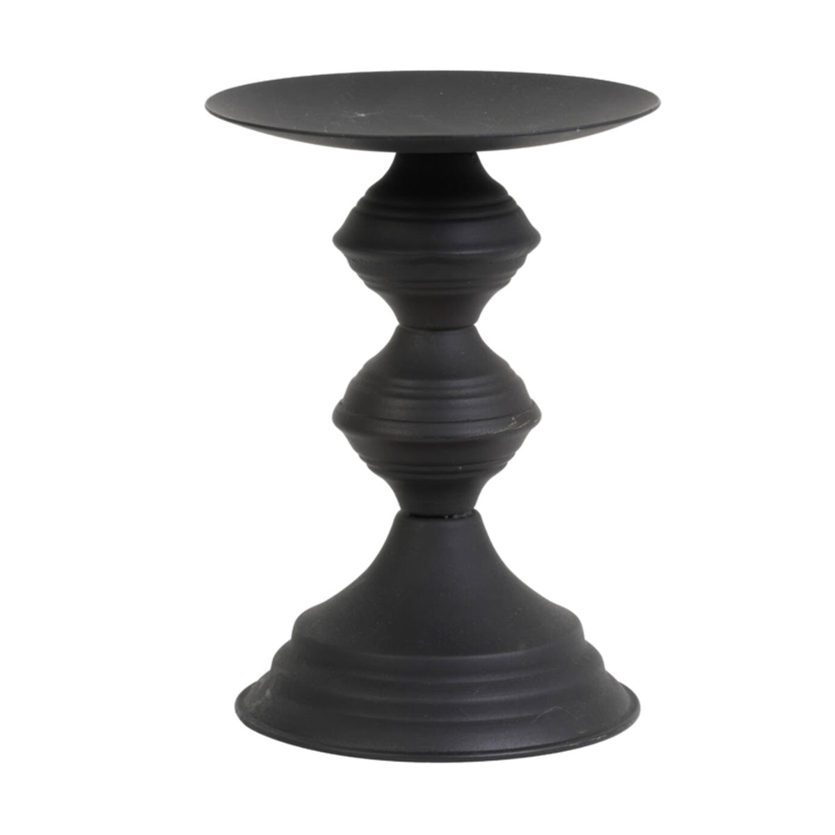 Pozzo Matt Black Candle Holder in a sculptural iron design, large size 13.5x18.5 cm, perfect for pillar candles.