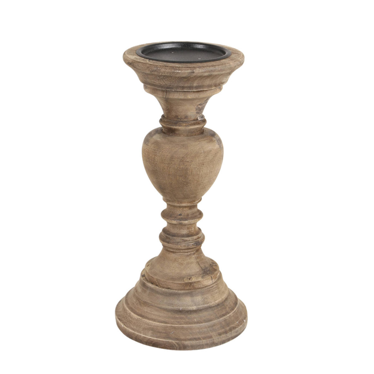 Pescara Mango Wood Candle Holder with a classic turned design and iron sheet cap, crafted from natural mango wood.