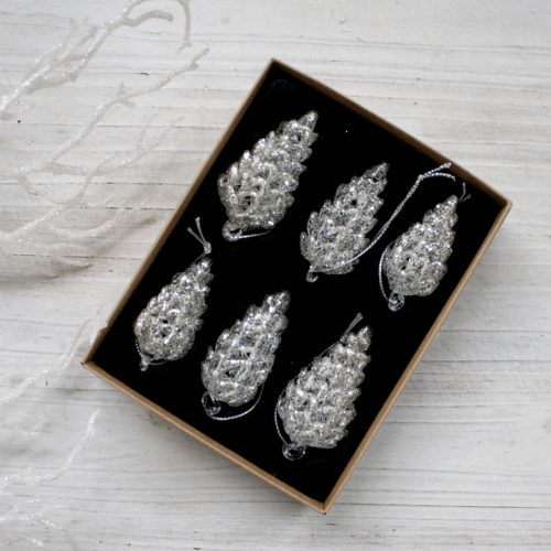 Silver cones Christmas baubles - set of 6