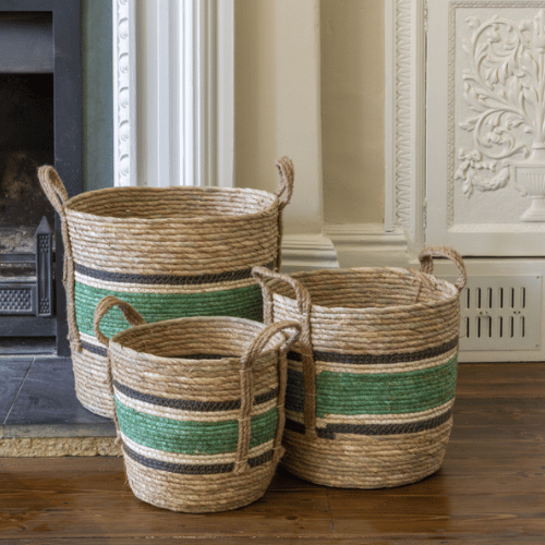 Straw and Corn Baskets with Thick Green Stripe