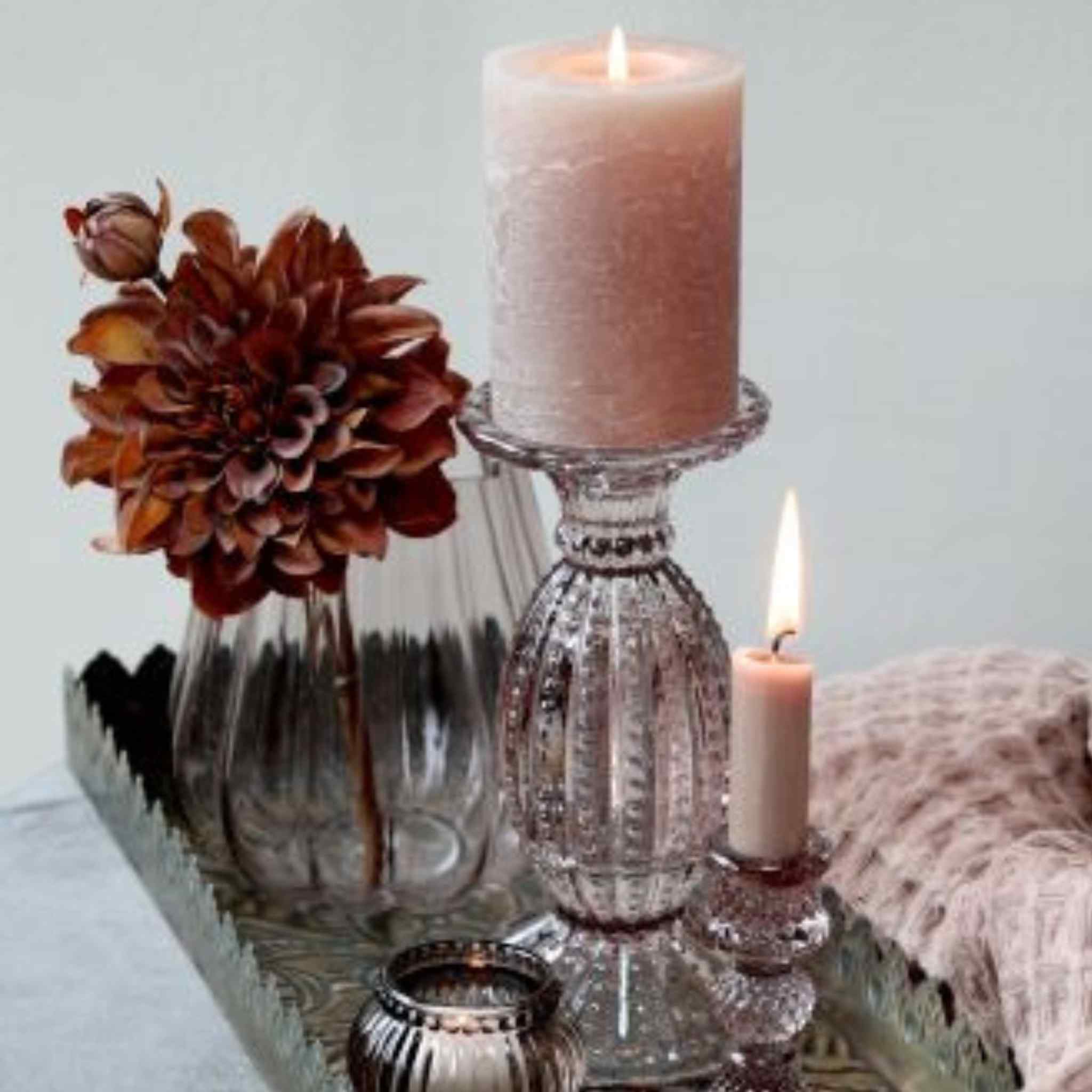 Taupe Pearl Candlestick on Tray