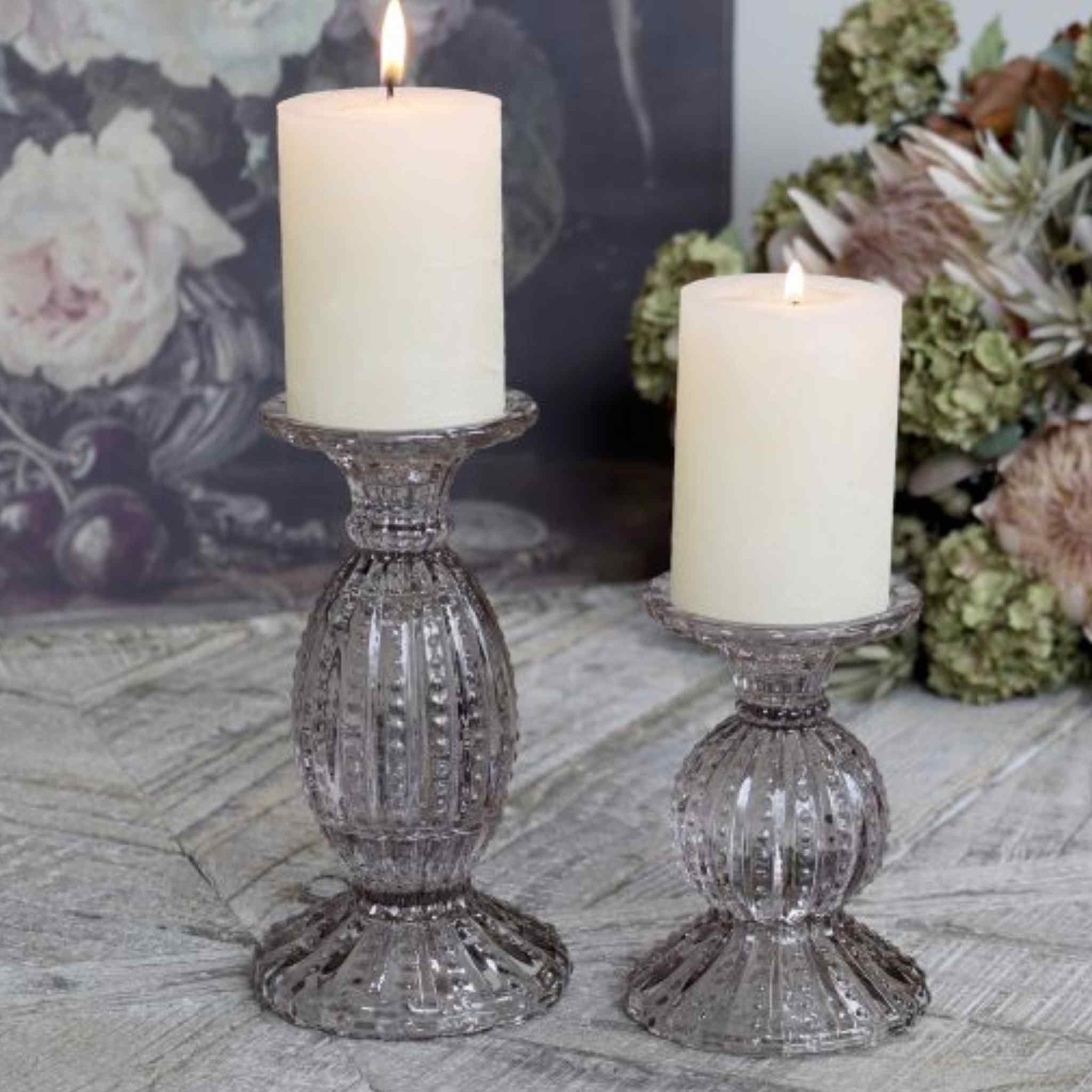 Taupe Pearl Glass Candlesticks