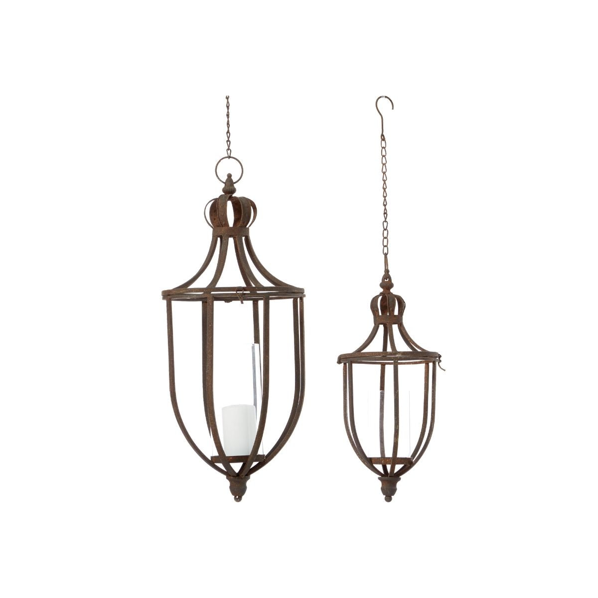 Two Torun hanging lanterns in different sizes, featuring rustic metal frames and glass candle holders, hanging from chains for a vintage-inspired look.